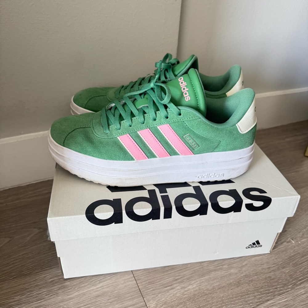 Adidas Green Sneakers with Pink Stripes